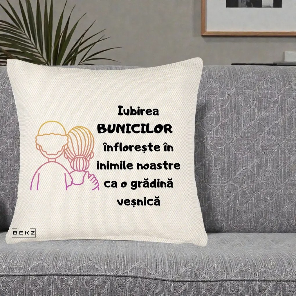 Cadou pentru Bunici - Perna Personalizata Iubirea Bunicilor Infloreste Cuplu Line Art Gradient, 40x40 cm, Crem Reliefat, Husa Detasabila, Perna Inclusa, BEKZ®