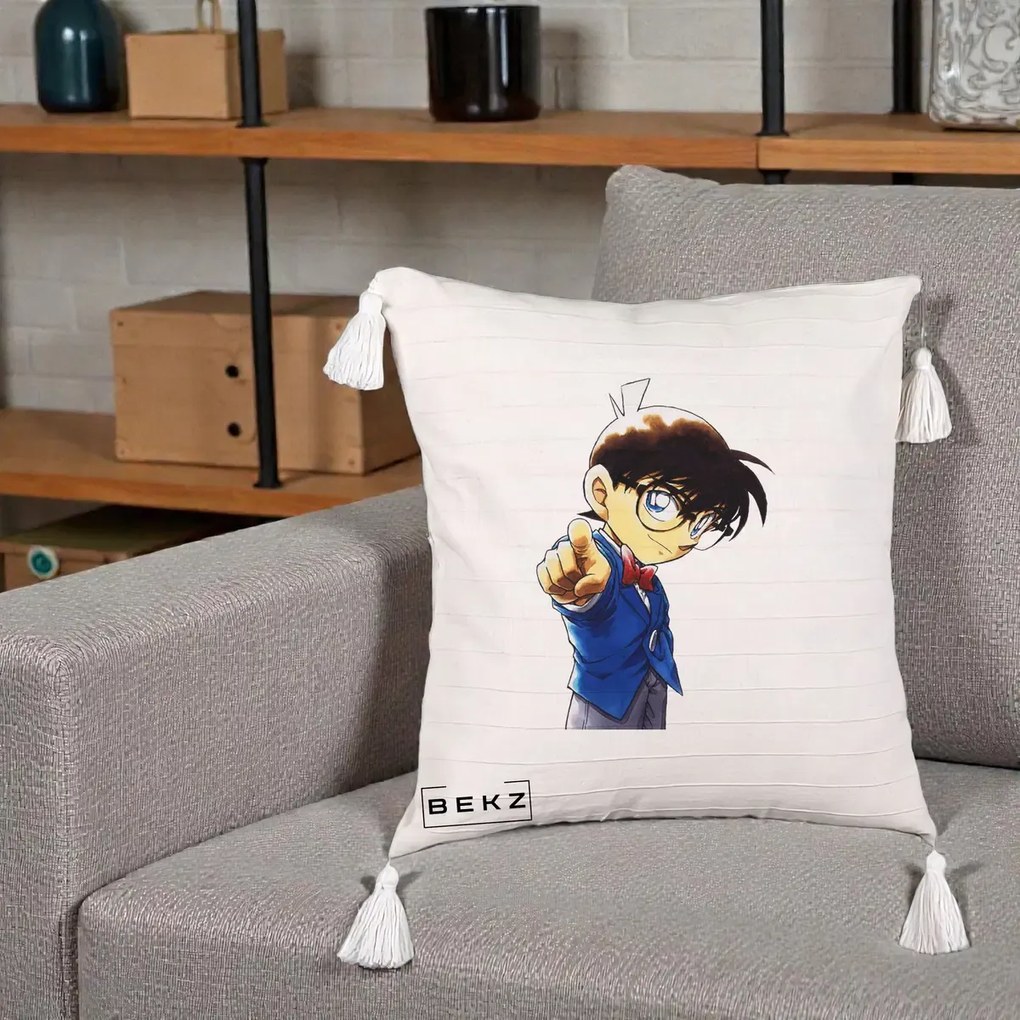 Perna Personalizata Detective Conan Conan Arata, 40x40 cm, Bej cu Franjuri, Husa Detasabila, Perna Inclusa, BEKZ®