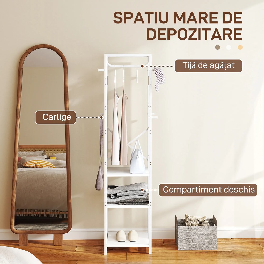 HOMCOM Cuier de Podea cu Bară și 3 Rafturi Deschise, 38.5x30x170 cm, Alb | Aosom Romania