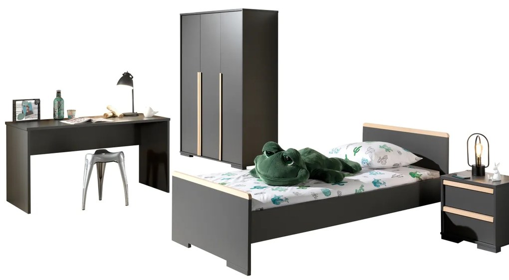 Set mobilier copii LONDON, pat 90x200 cm cu sertar depozitare / pat suplimentar + noptieră 2 sertare soft-close + dulap 3 uși cu rafturi și bară +