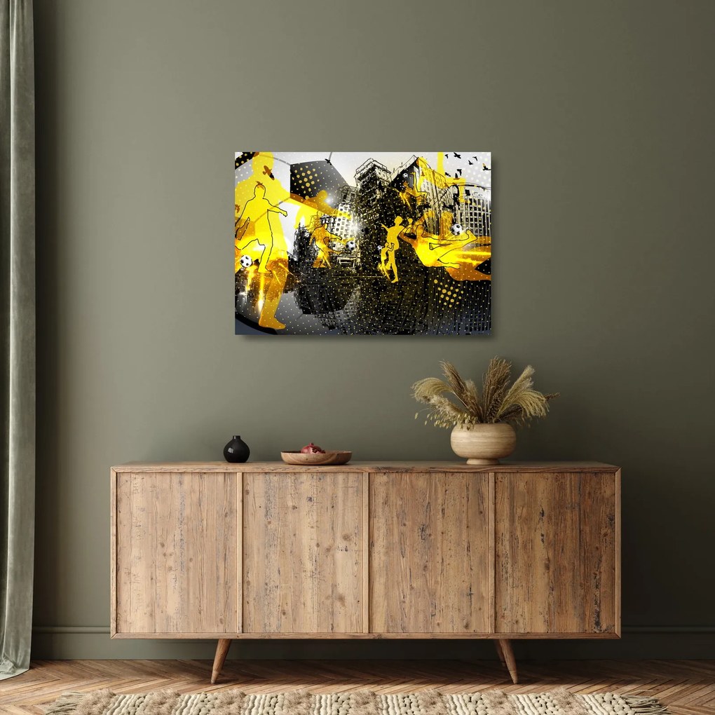 Tablou pe sticlă - Fotbal în marele oraș (70x50 cm)
