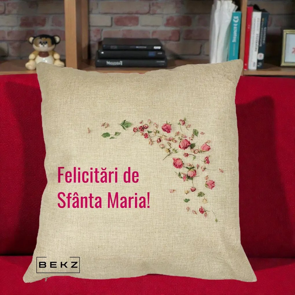 Cadou de Onomastica - Perna Personalizata Felicitari de Sfanta Maria, 40x40 cm, Crem, Husa Detasabila, Perna Inclusa, BEKZ®