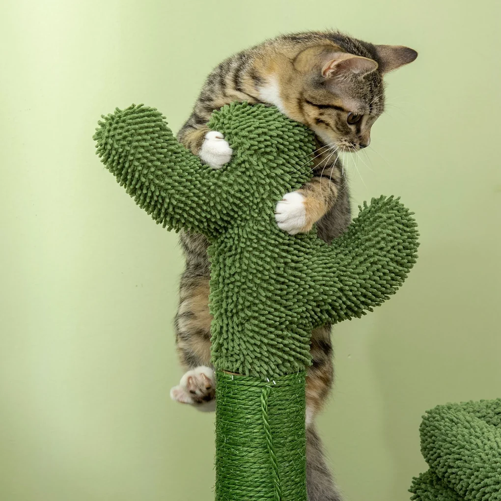 PawHut Turn pentru Pisici sub 5kg, Design Cactus din Lemn, cu Pat, 68x30x67cm, Verde, Unic și Stilat | Aosom Romania