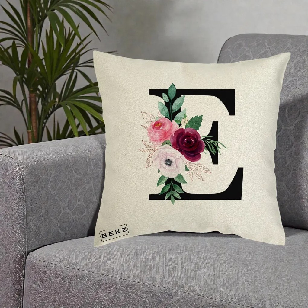 Cadou Personalizat - Perna Personalizata Monograma Florala Litera E, 40x40 cm, Ecru, Husa Detasabila, Perna Inclusa, BEKZ®
