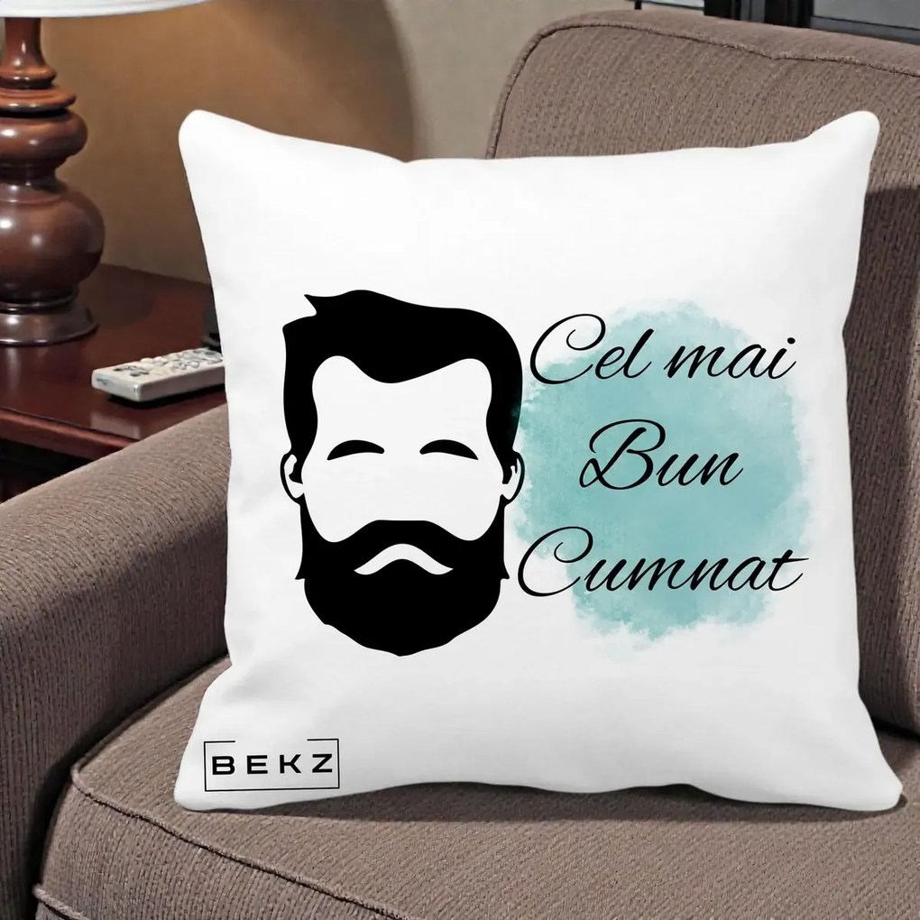 Cadou pentru Cumnat - Perna Personalizata Cel mai Bun Cumnat cu Portret Barbat si Pete Teal, 40x40 cm, Alba Mata, Husa Detasabila, Perna Inclusa, BEKZ®