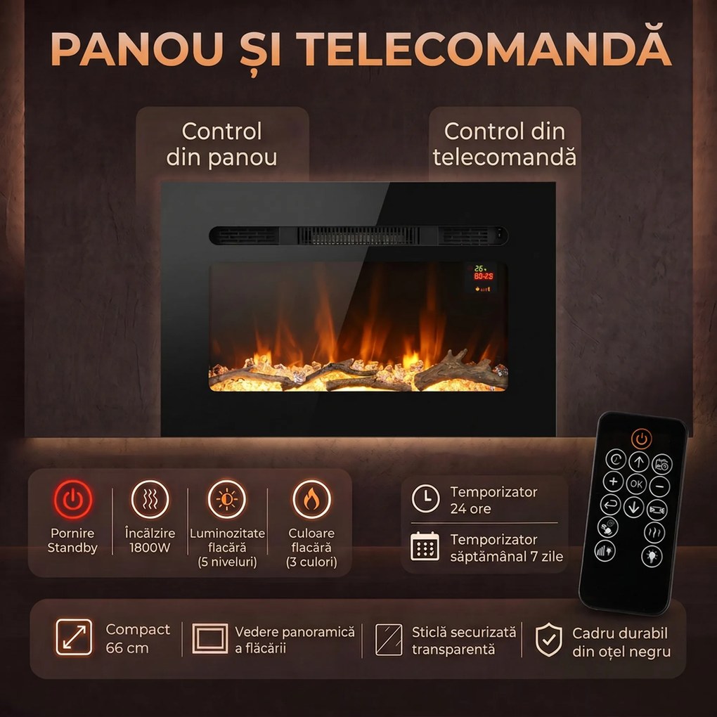 HOMCOM Șemineu Electric de 60 cm, Încastrat sau de Perete, 1800 W, Temporizator 24 de Ore, Flacără Reglabilă, Cristale | Aosom Romania