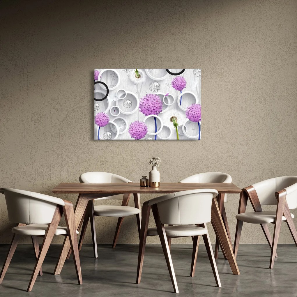 Tablou cu abstracție 3D cu cercuri și flori (90x60 cm)