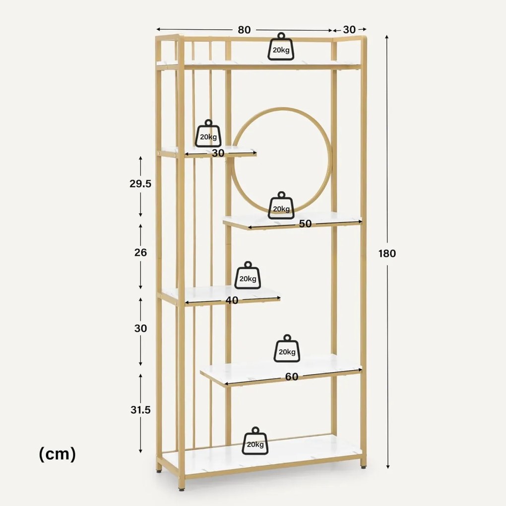 RAAU212 - Raft manichira, 80 cm pentru salon cosmetica, birou, hol, living, baie - Alb imitatie de marmura - Auriu