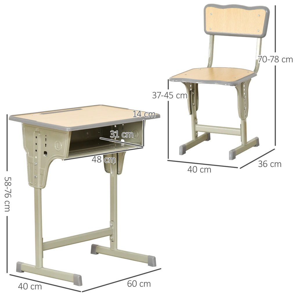 Homcom Birou de scoala cu scaun,PP/MDF/Otel, 6-12 ani, Inaltime reglabila, 40 x 36 x 70-78 cm, Lemn Natural | Aosom Romania