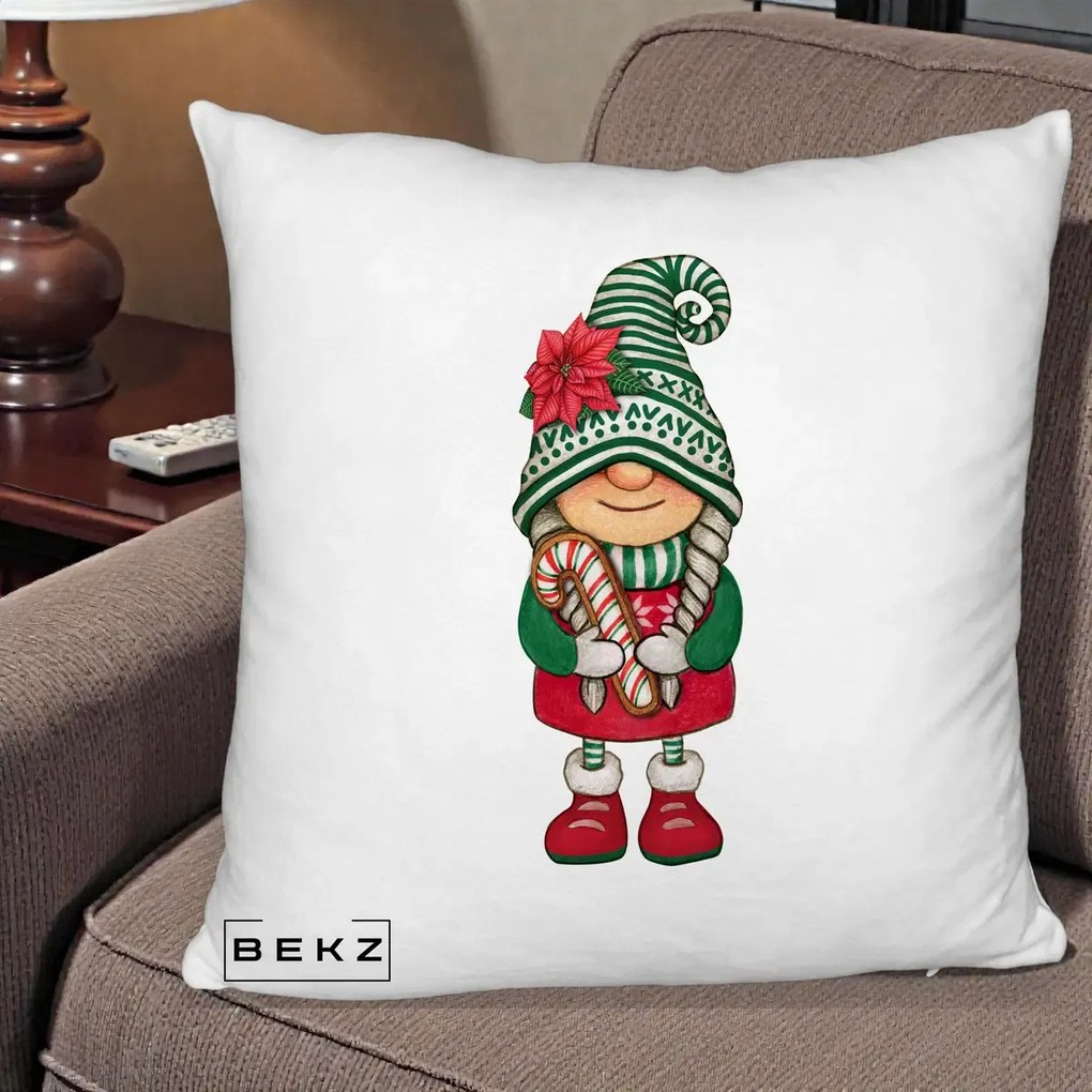 Perna Decorativa Gnom Craciun Verde cu Bomboane si Floare, 40x40 cm, Alb Pufos, Husa Detasabila, Perna Inclusa, BEKZ®