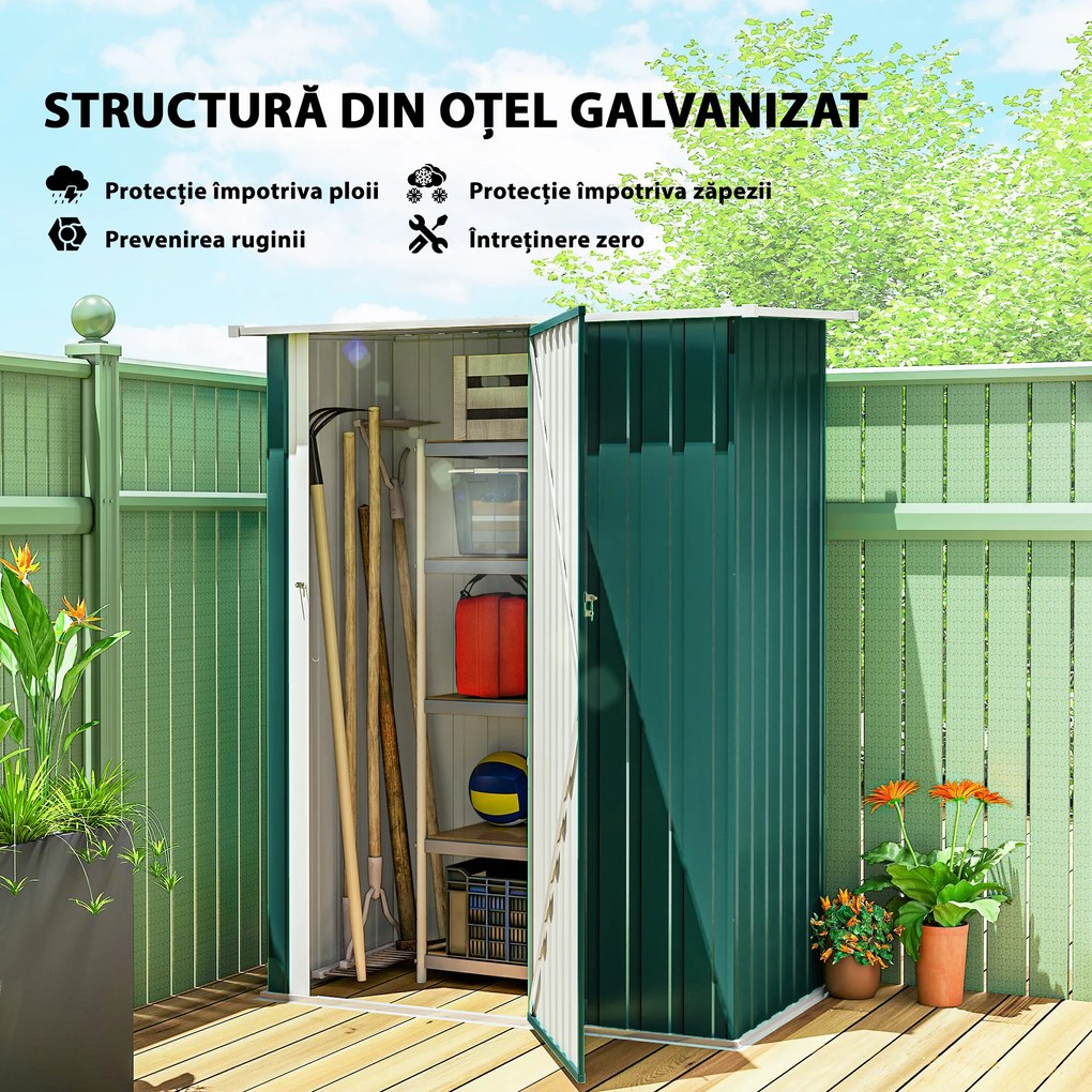 Outsunny Magazie de Grădină 1.07m² din Oțel Zincat, Căsuță pentru Depozitare cu Ușă Blocabilă, Acoperiș Înclinat, 142x86x189 cm, Verde | Aosom Romania
