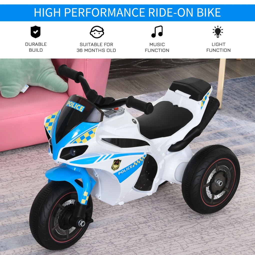 HOMCOM Motocicletă pentru Copii 18-36 Luni cu 3 Roți, Muzică și Faruri, 74x39x48 cm, Albastru Deschis | Aosom Romania