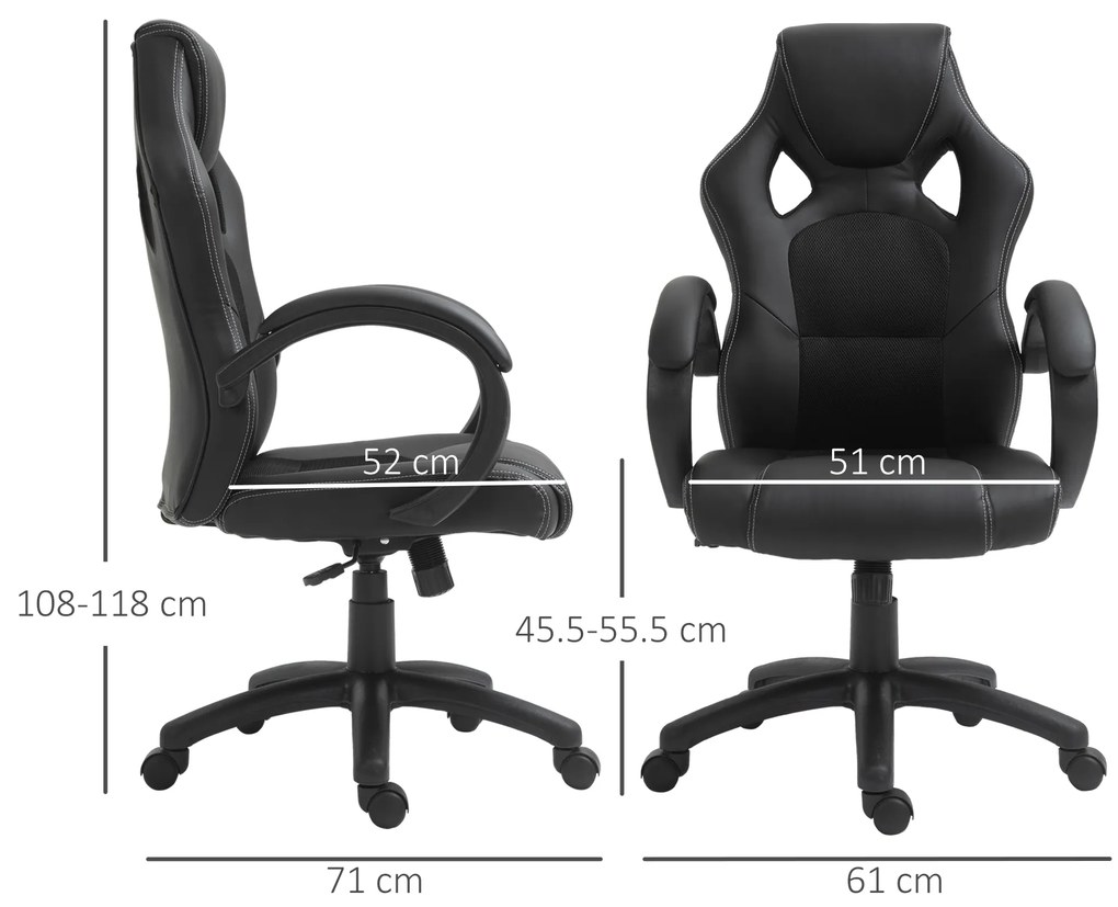 HOMCOM Scaun pentru birou, cu roti rotative la 360°, scaun gaming, inaltimea reglabila, Negru | Aosom Romania