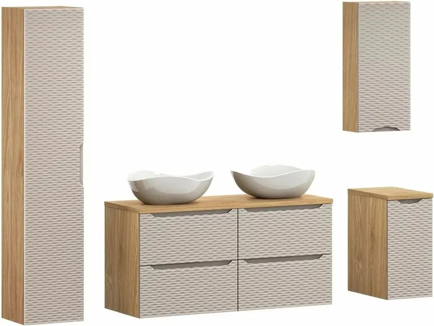 Set mobilier baie 120 cm 9 piese Comad Ocean bej si stejar uleiat