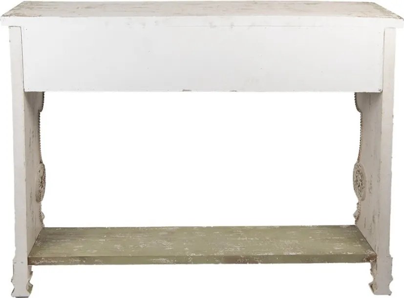 Consolă hol shabby chic din lemn, alb, cu 3 sertare, raft verde și ornamente sculptate, finisaj antichizat, 99 x 129 x 36 cm, „Lisette”