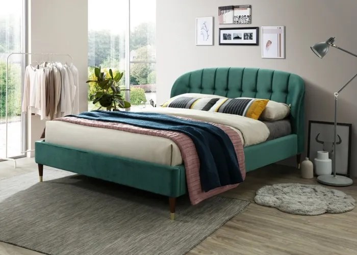 Pat tapitat cu stofa Emerald Velvet Verde + Lenjerie Bonus