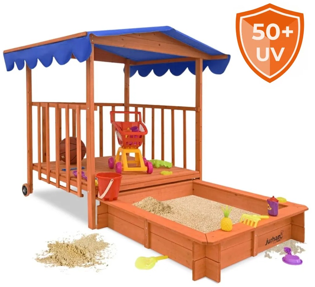 Groapa cu nisip cu verandă HAPPY, 130x130x143cm, maro/albastru Jurhan