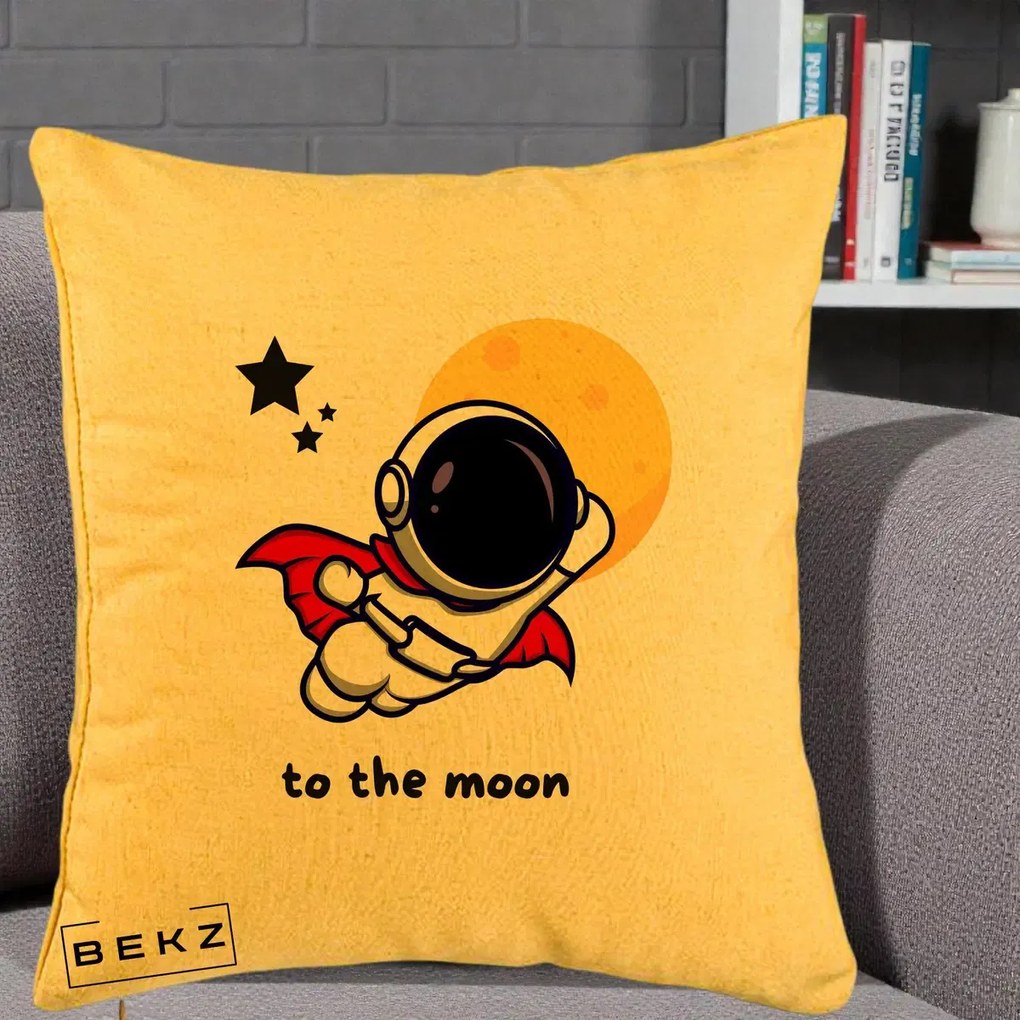 Perna Decorativa Astronaut To The Moon, 40x40 cm, Galben, Husa Detasabila, Perna Inclusa, BEKZ®