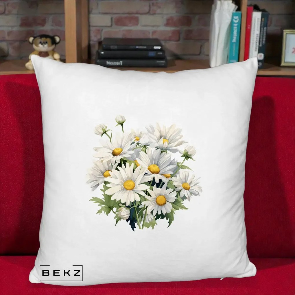 Perna Decorativa Buchet Margarete Albe Acuarela, 40x40 cm, Alb Pufos, Husa Detasabila, Perna Inclusa, BEKZ®