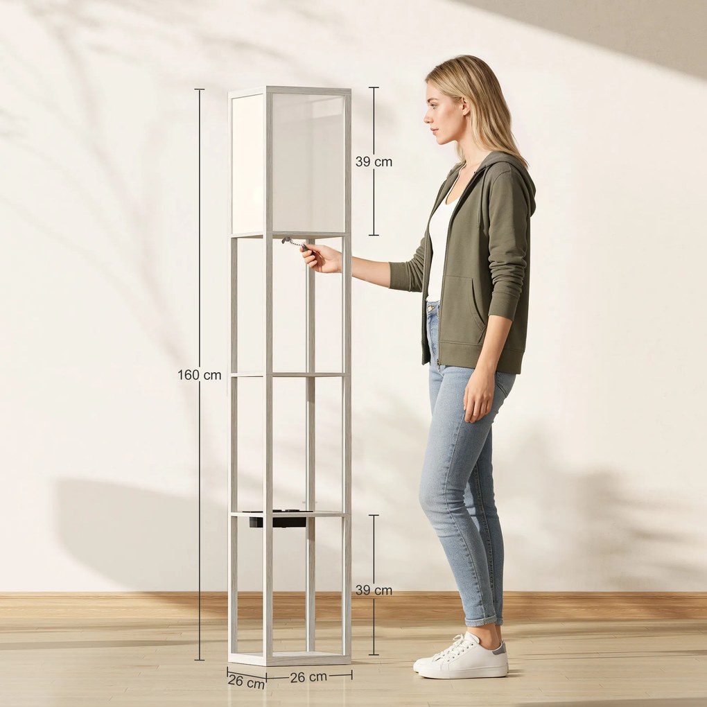 HOMCOM Lampă de Podea LED cu Rafturi, Lampă Modernă cu Comutator cu Pedală și Porturi USB, Lumină cu Culori Reglabile pentru Living și Dormitor, Stejar | Aosom Romania