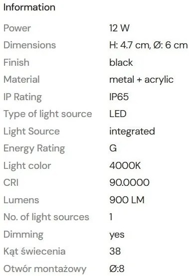 Spot LED incastrabil baie IP65 Cyklop IP65 3000K negru