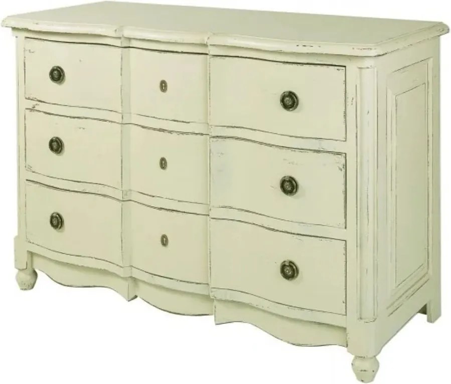 Comodă vintage cu 3 sertare, din lemn de pin, verde, cu fațadă ondulată, mânere rotunde și picioare strunjite, patinat, 90 x 130 x 59 cm, „Arbalette”