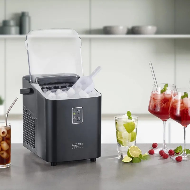 Masina de facut cuburi de gheata Caso IceChef Compact 3401, 120 W, 1 l, 12 kg/24 h, 2 dimensiuni, Autocuratare, Cu compresor, Negru mat