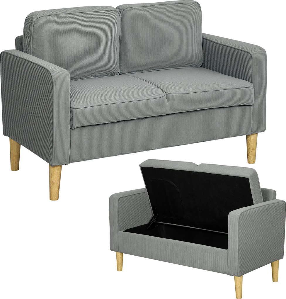 HOMCOM Canapea 2 locuri cu spațiu de depozitare și picioare solide din lemn, pentru living, dormitor, 117 x 63 x 79 cm, Gri deschis | Aosom Romania