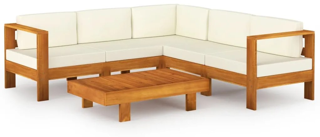 3057935 vidaXL Set mobilier grădină perne alb/crem, 6 piese, lemn masiv acacia