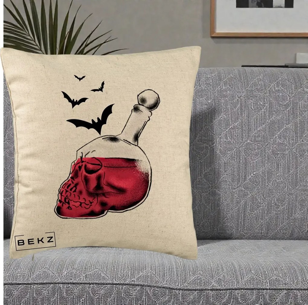 Perna Decorativa Halloween Craniu-Sticla cu Lilieci, 40x40 cm, Bej, Husa Detasabila, Perna Inclusa, BEKZ®