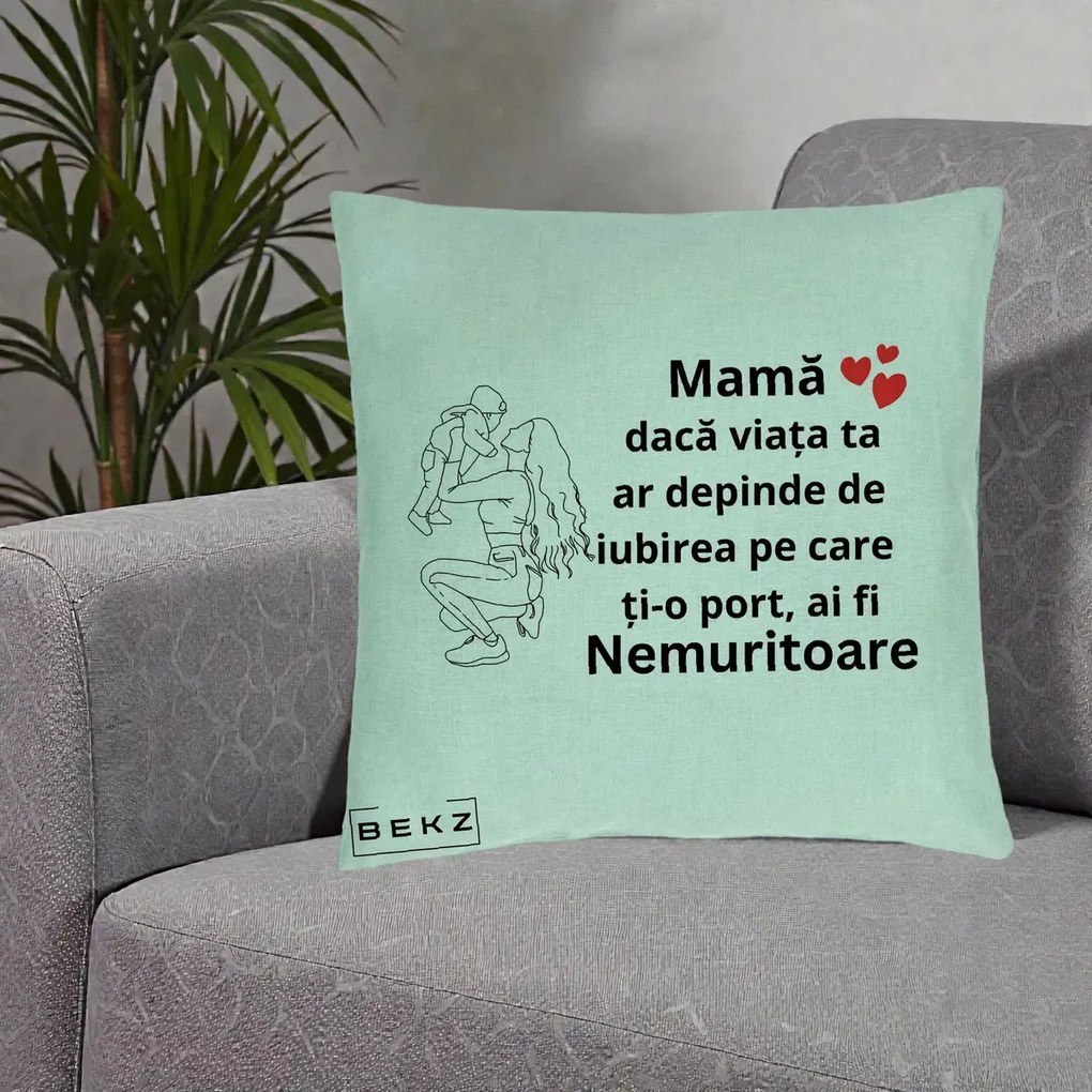 Cadou pentru Mama - Perna Personalizata Mama Nemuritoare Portret Graphic, 40x40 cm, Verde Menta, Husa Detasabila, Perna Inclusa, BEKZ®