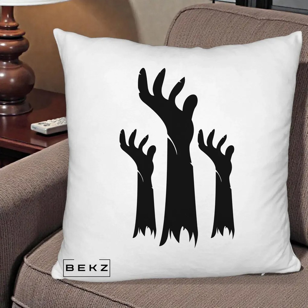 Perna Decorativa Halloween Maini Zombie Alb-Negru, 40x40 cm, Alb Pufos, Husa Detasabila, Perna Inclusa, BEKZ®