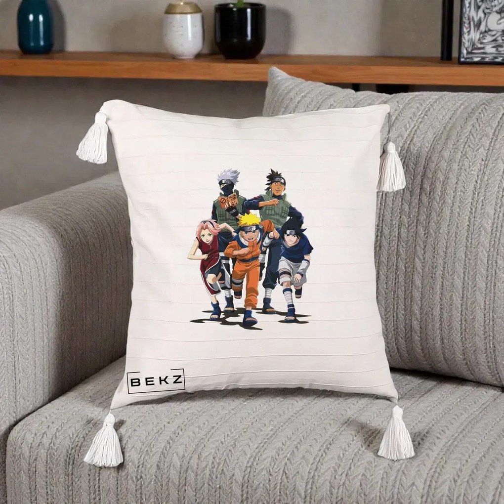 Perna Personalizata Naruto Echipa 7 Kakashi Sensei, 40x40 cm, Bej cu Franjuri, Husa Detasabila, Perna Inclusa, BEKZ®