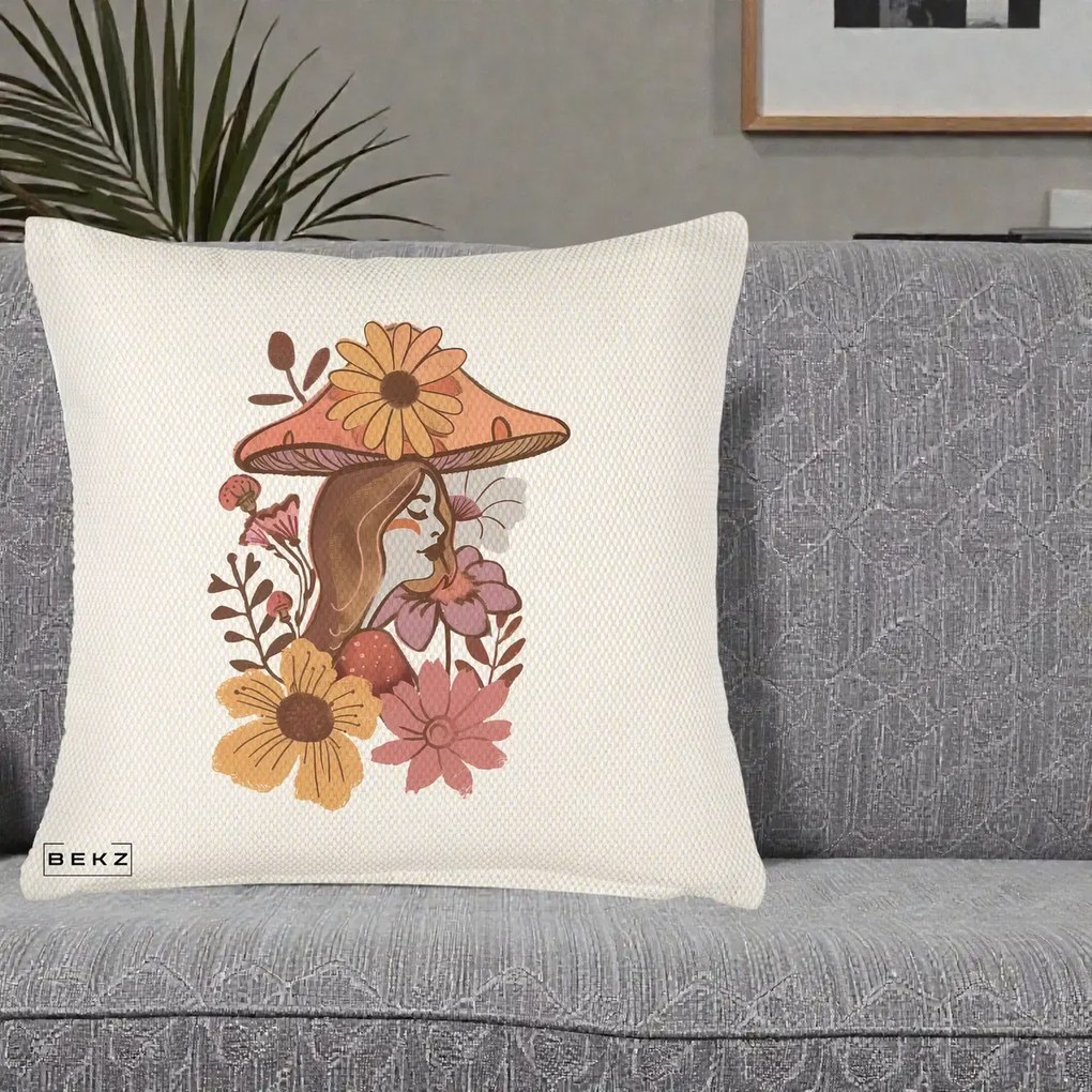 Perna Decorativa Fata Ciuperca Florala Boho, 40x40 cm, Crem Reliefat, Husa Detasabila, Perna Inclusa, BEKZ®