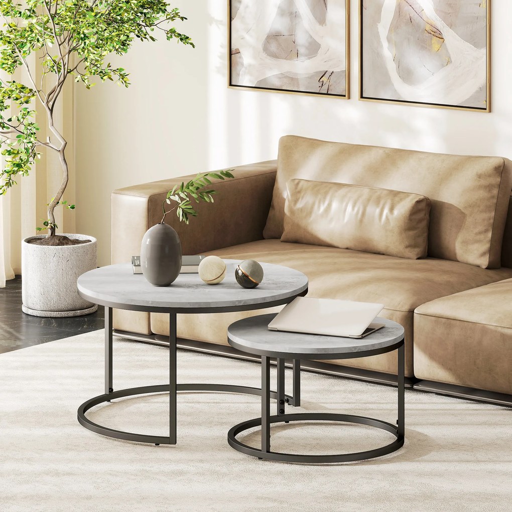 HOMCOM Set 2 Masute de Cafea care se Suprapun, Masute pentru Salon Rotunde din Metal si MDF Efect Marmura, Gri si Negru