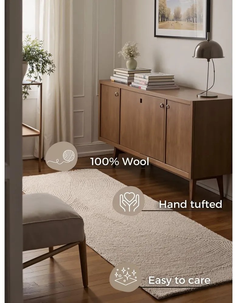 Covor tip traversă în culoare naturală deschisă țesut manual din lână 80x300 cm Calmio – Hanse Home