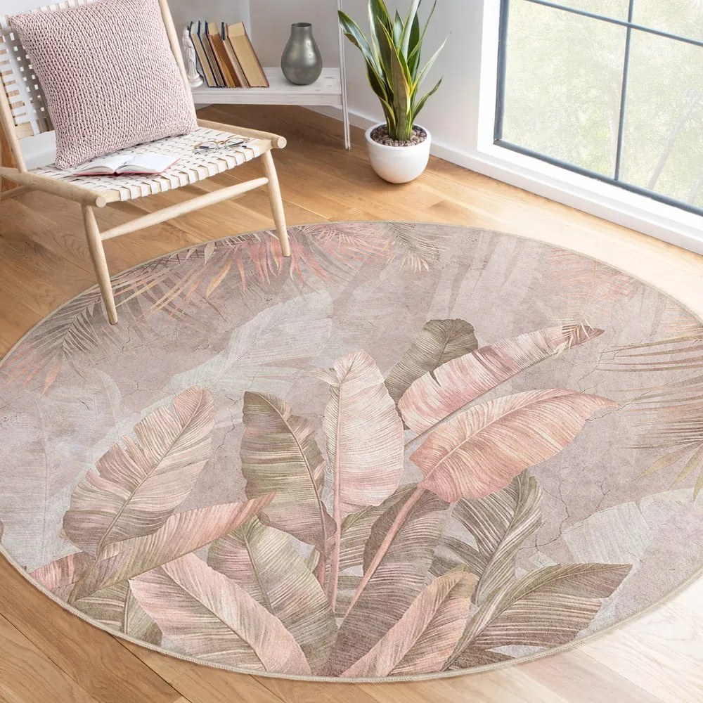 Covor roz deschis lavabil rotund ø 100 cm Dusty Leaves – Mila Home