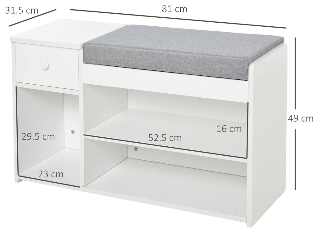 Banca pantofar cu perna, sertar si 3 compartimente deschise, mobilier din lemn pentru hol 81x31.5x49cm, alb | Aosom Romania