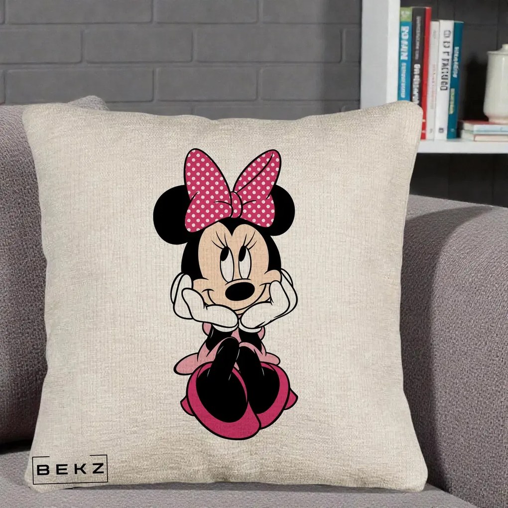 Perna Personalizata Minnie Mouse cu Fundita, 40x40 cm, Bej Canapea, Husa Detasabila, Perna Inclusa, BEKZ®