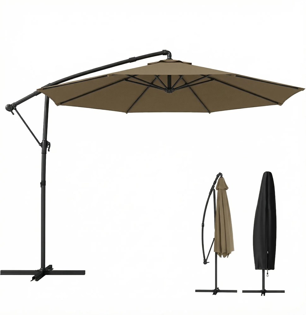 Outsunny Umbrelă laterală rotundă 3 m, umbrelă de grădină înclinabilă cu husă de protecție, poliester protecție UV UPF50+, Kaki | Aosom Romania