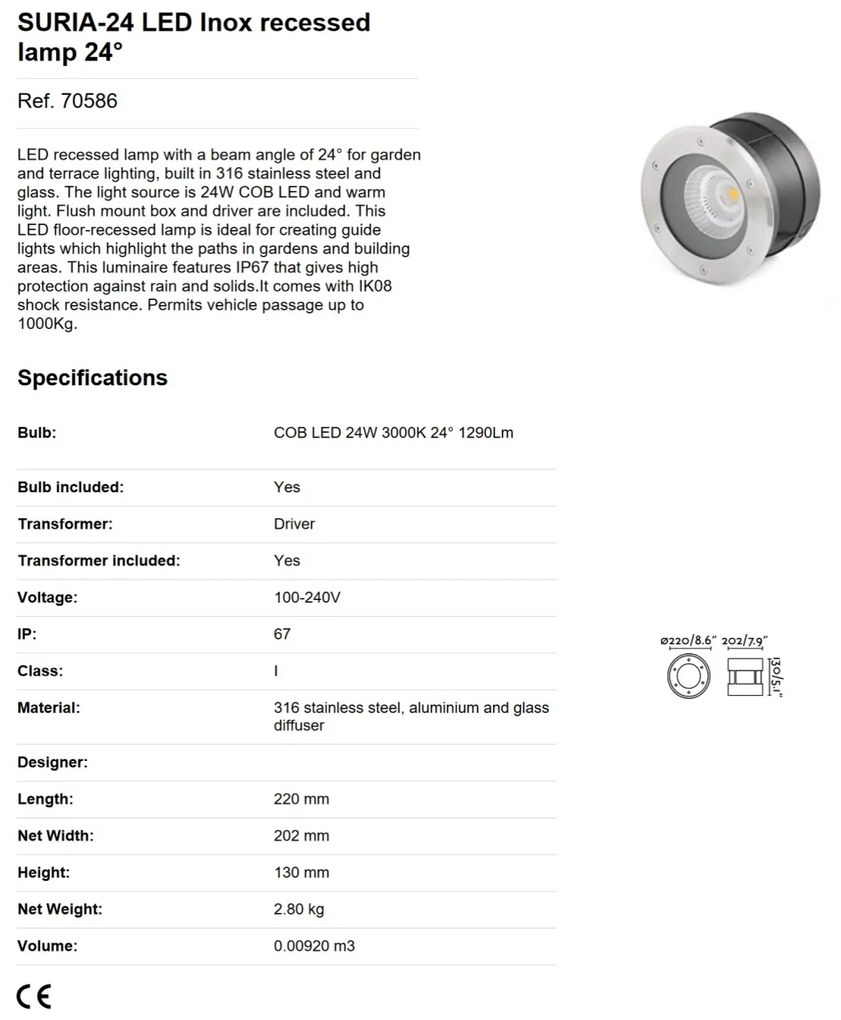 Spot LED incastrabil de exterior pavaj SURIA-24 inox 24°