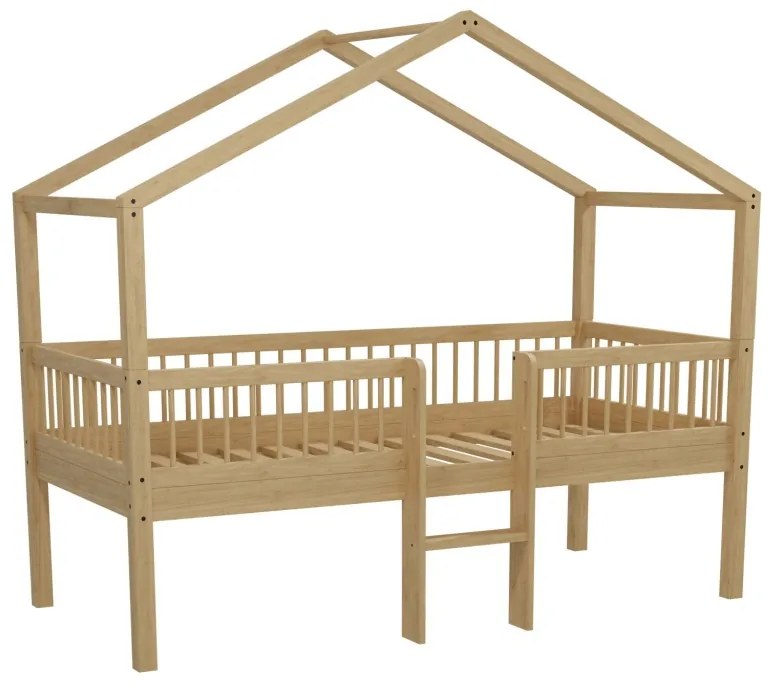 Pat Casă Înălțat Forrest Oak 90x200 cm, pentru Camera Copii, din Lemn de Stejar, Natur, cu Scară și Set Textil – Vipack