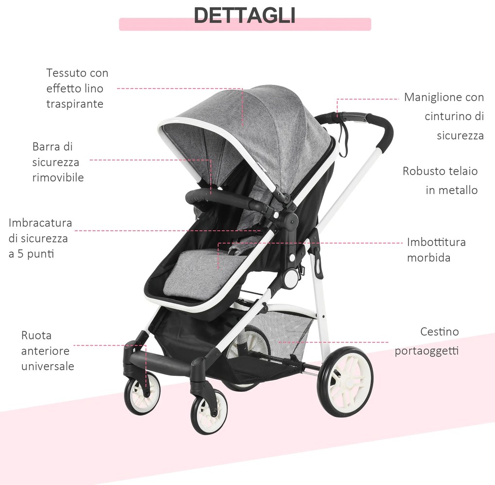 Carucior Dublu Ajustabil si Pliabil , Copii 0-36 luni, Transport pentru copii, Carucior cumparaturi 15kg, 80x51x102cm Gri HOMCOM | Aosom Romania