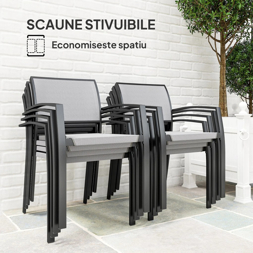 Outsunny Set de Grădină cu Masă și 8 Scaune Stivuibile cu Cotiere Gri | Aosom Romania