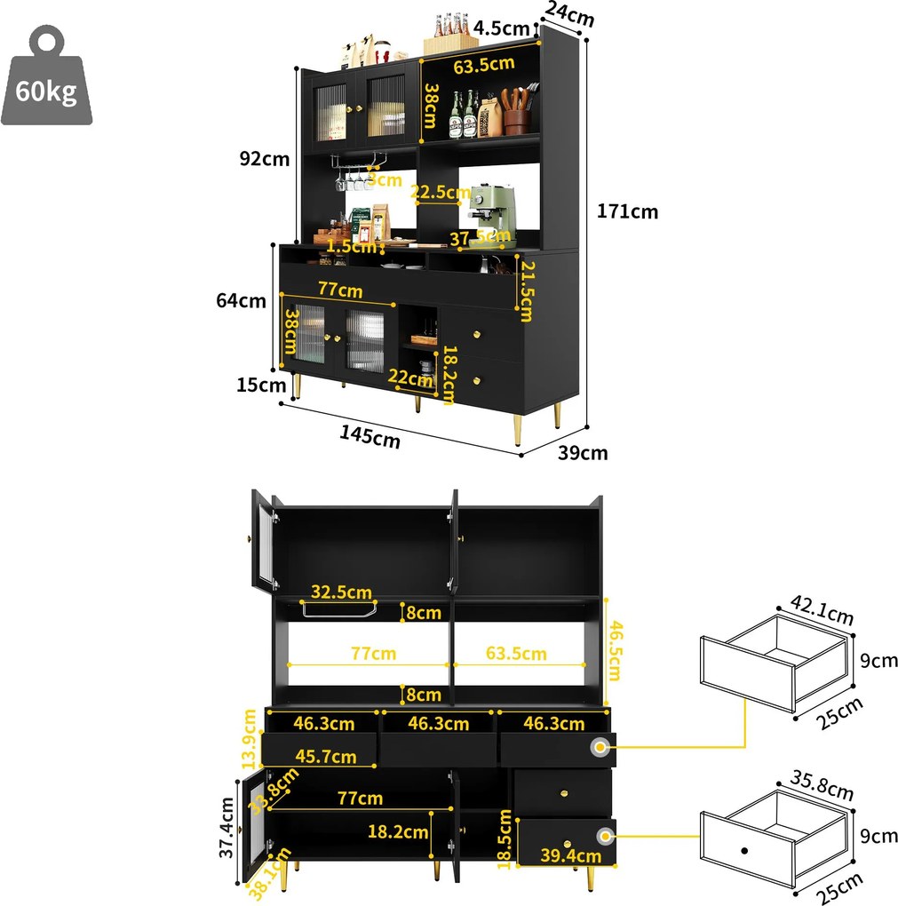 Dulap înalt pentru sufragerie, cu uși cu geam perforat, decor auriu și spațiu mare de depozitare pe mai multe niveluri, 145x39x171 cm, Negru