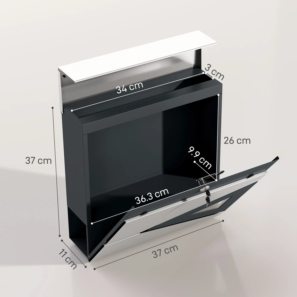 HOMCOM Căsuță poștală de perete din oțel galvanizat, blocabilă cu fereastră, material de montaj, 37 x 11 x 37 cm, argintiu | Aosom Romania