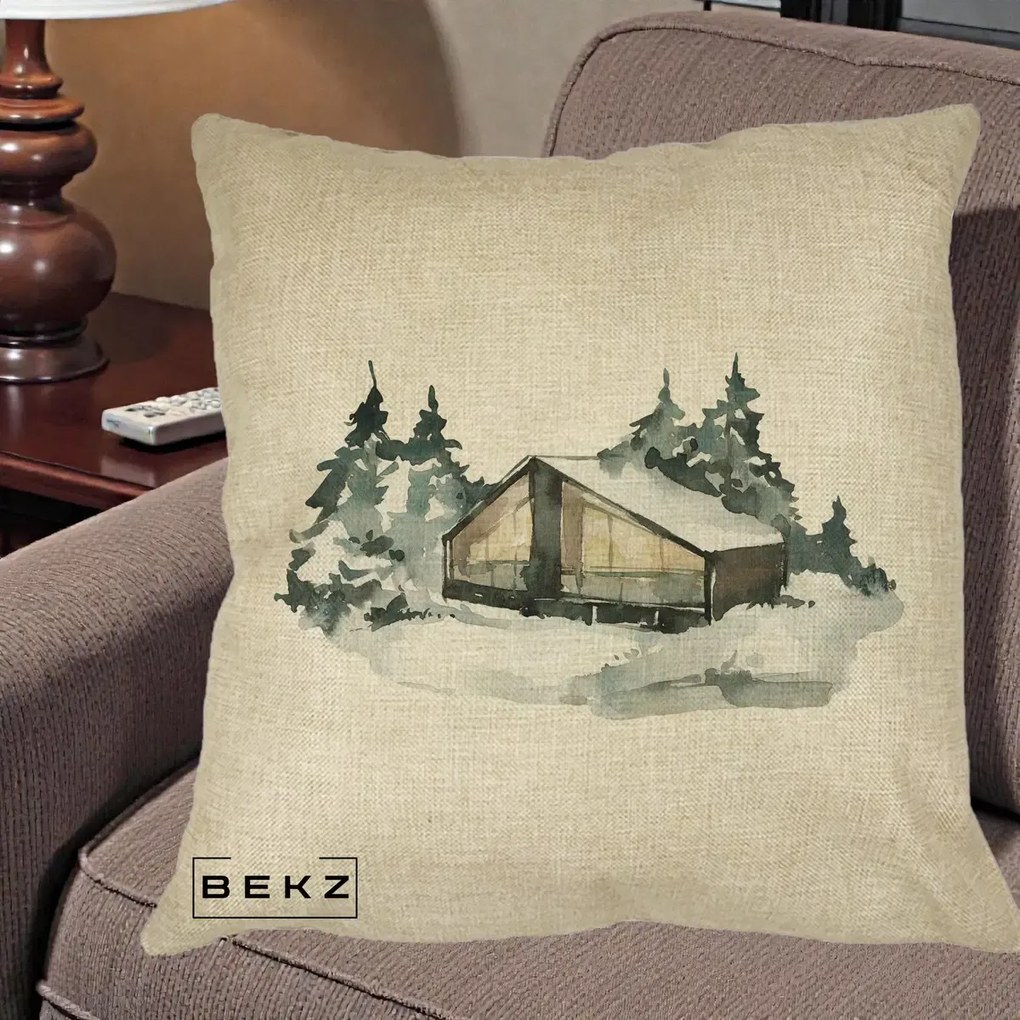 Perna Decorativa Cabana de Iarna in Padure, 40x40 cm, Crem, Husa Detasabila, Perna Inclusa, BEKZ®