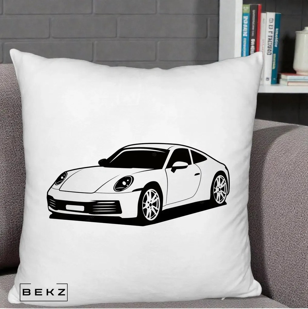 Perna Personalizata Porsche 911 Silueta, 40x40 cm, Alb Pufos, Husa Detasabila, Perna Inclusa, BEKZ®