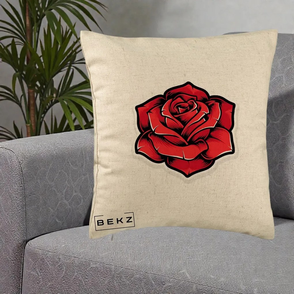 Perna Decorativa Trandafir Rosu Tattoo, 40x40 cm, Bej, Husa Detasabila, Perna Inclusa, BEKZ®