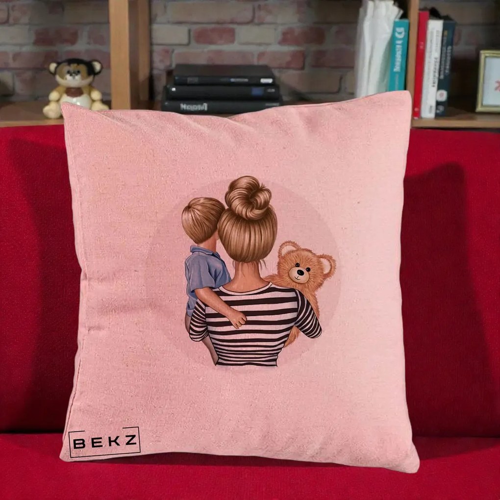 Cadou pentru Mama - Perna Personalizata Mama si Baietelul cu Ursulet, 40x40 cm, Roz, Husa Detasabila, Perna Inclusa, BEKZ®